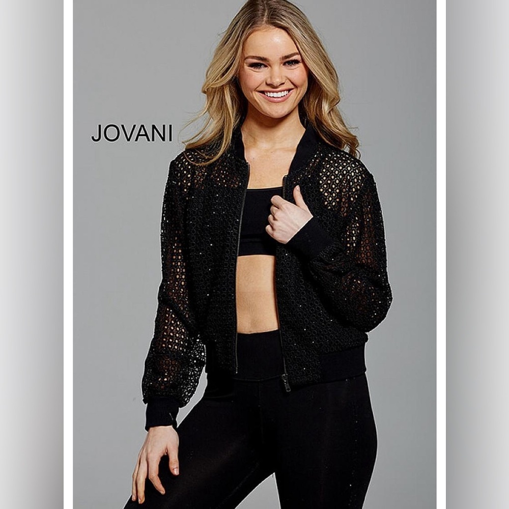 JOVANI lace sheer bomber jacket size 0 embellished black NEW